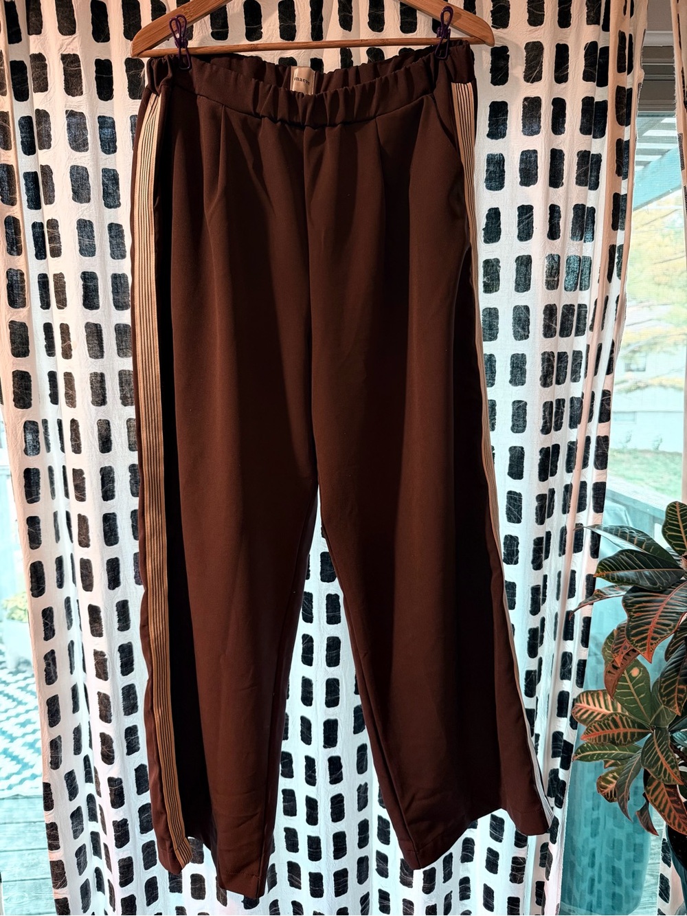 Anthropologie Maeve Wide-Leg Brown Lounge Track Pants with Side Stripe - Picture 3 of 6